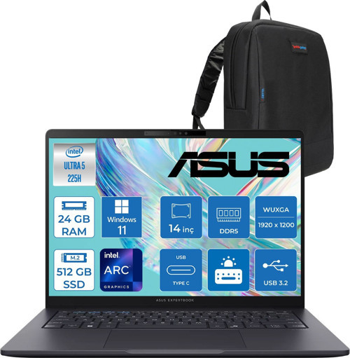 Expertbook B3 (B3405CCA) Intel® Core™ Ultra 5 225H 24GB Ddr5 512GB SSD Intel® Arc™ Grafik 14"WUXGA(1920 x 1200)400 NIT,SRGB:%100 WIN11PRO Taşınabilir Bilgisayar U5225H16512B0DP07+ZETTAÇANTA