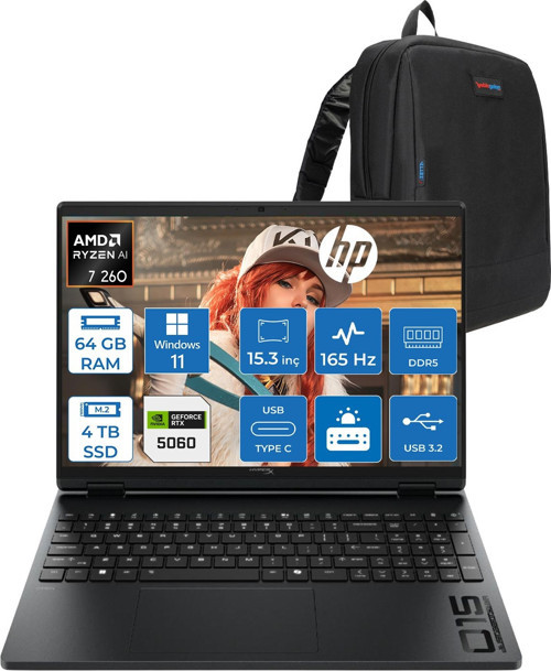 Hyperx Omen 15-GB0004NT Amd Ryzen 7 260 64GB Ddr5 4tb SSD Geforce RTX5060 8gb Windows 11 Pro 15.3" Wuxga (1920X1200) IPS 300NITS 165Hz Oyuncu Bilgisayarı HOD2QV9EAP34 + Zetta Çanta