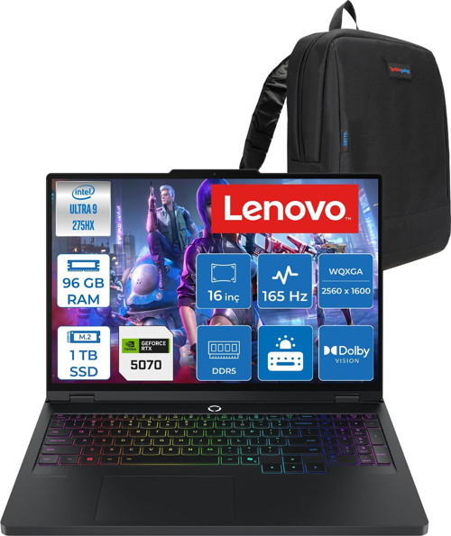 Legion Pro 5 16IAX10 Intel Ultra 9 275HX 96GB 512GB+512GB SSD 8GB/RTX5070/115W 16" Wqxga (2560X1600) OLED 1100NITS 165Hz Wi-Fi7+Bt 5.4 WIN11HOME Gaming Bilgisayar L83F3008BTRH40 + Zettaçanta