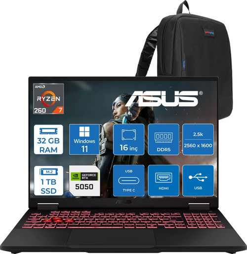 Tuf Gaming A16 FA608UH Ryzen 7 260 Aı 32GB Ddr5 1tb SSD 16-Inch 8GB/RTX5050 115W, 1920 x 1200, Wuxga SRGB:100% 165Hz 3ms IPS WINDOWS11PRO Gaming Laptop ZRV099WP11+ZETTAÇANTA