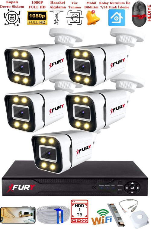 5 Kameralı 1080P Görüntü Gece Renkli Full Hd 4 x Ultra Led Gece Renkli Güvenlik Kamerası Seti 1TB