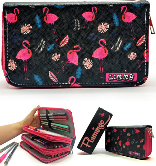 Kalem Kutusu Flamingo Siyah Kawai Organizer Kalemkutu Vegan Deri Üç Bölmeli Kalemlik