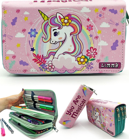 Kalem Kutusu Unicorn Bahar Temalı Kawai Organizer Kalemkutu Vegan Deri Üç Bölmeli Kalemlik