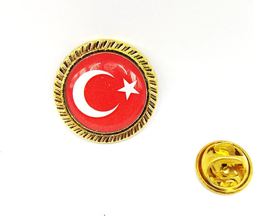 Yuvarlak Gold Renkli Türk Bayraklı Yaka Rozeti - 1 Adet
