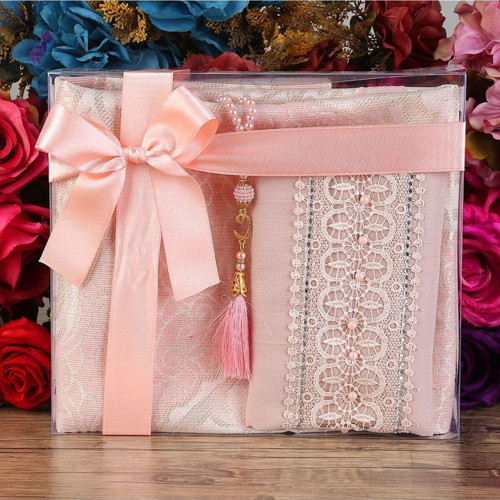 Hediyelik Seccade, Şal, İnci Tesbih, Asetat Kutulu (26×23) Set-Pembe