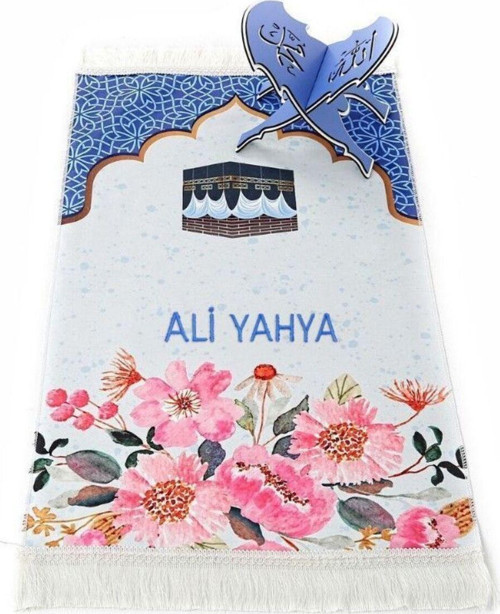 İsme Özel Çocuk Seccadesi Kabe Mavi 82 x 45 Cm 110 Gr - Tesbih Hediyeli