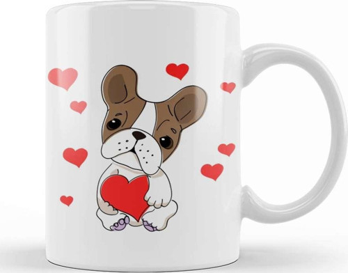 French Bulldog With Hearts Cartoon Pug Kupa Bardak Porselen