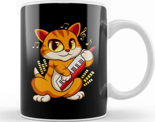 Cute Musician Cat Kitty Playing Guitar Kupa Bardak Porselen