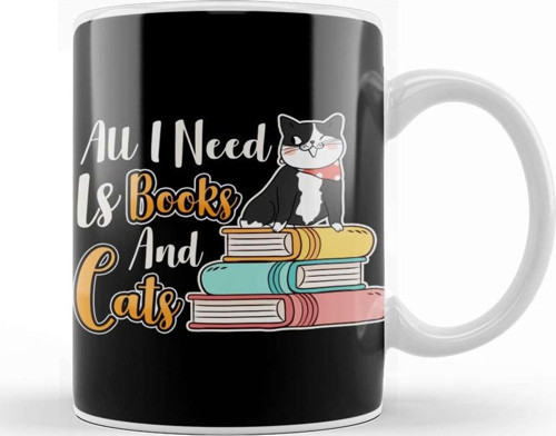All I Need Is Books And Cats Cute Bookworm Cat Kupa Bardak Porselen