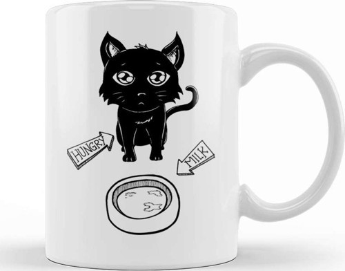 Cute & Funny Hungry Cat Kitty Waiting For Milk Kupa Bardak Porselen