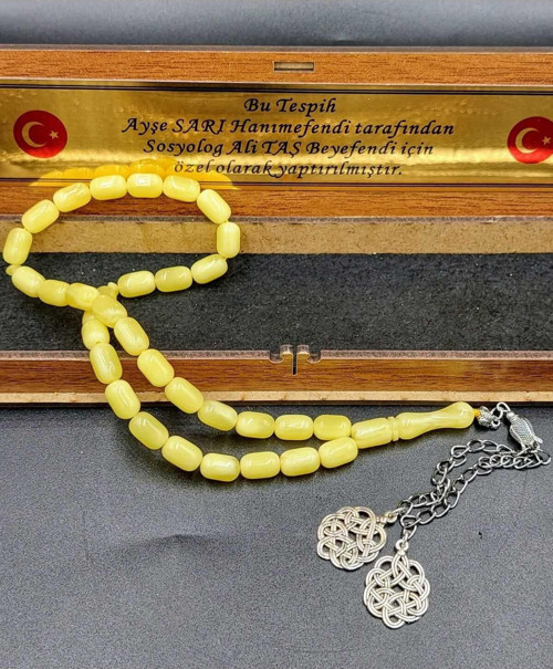KAPSÜL KESİM BEYRUT SARISI ÇİFT ALPAKA PÜSKÜLLÜ KEHRİBAR TESPİH