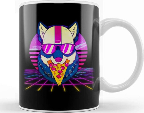 Awesome Retro Vaporwave Edm Cute Cat Pizza Kupa Bardak Porselen