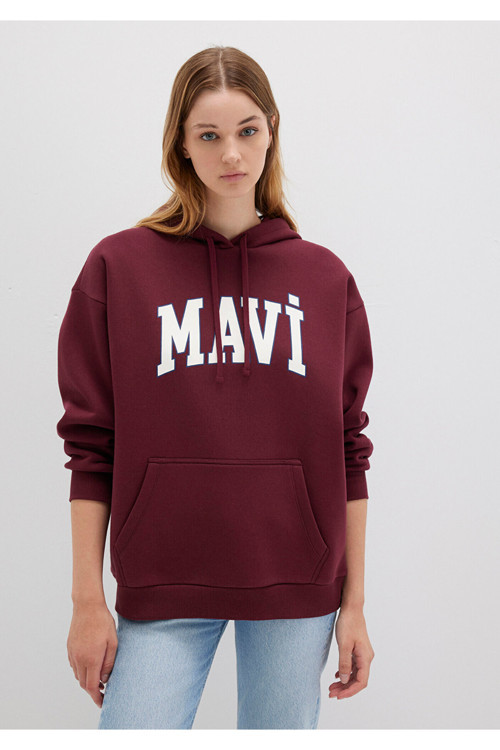 Logo Baskılı Kapüşonlu Bordo Sweatshirt 1600361-85493