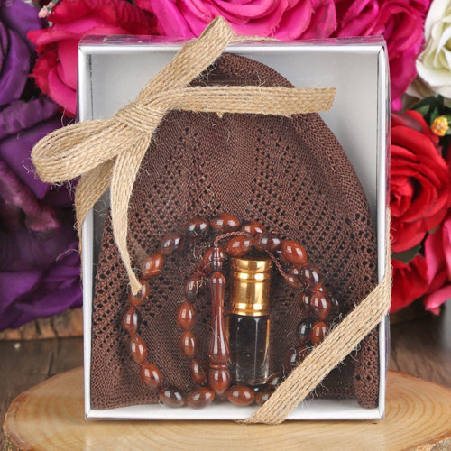Hediyelik Takke, 33 lü Tesbih, Alkolsüz Esans 3 ml Asetat kutulu 12*15 cm 261 gram-Kahverengi