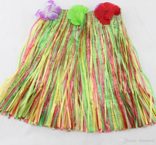 Yetişkin ve Çocuk Uyumlu Rengarenk Püsküllü Hawaii Luau Hula Etek 40 cm