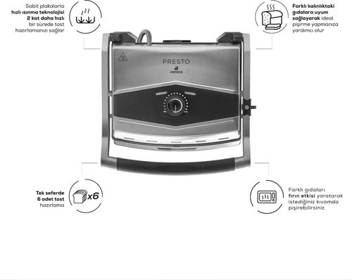 Presto 2001 Izgara ve Tost Makinesi İnox 2000W 6 Dilimli