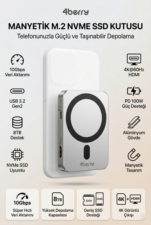 Manyetik Telefon SSD Kutusu – MagSafe Uyumlu 4K Video ve Mobil Depolama
