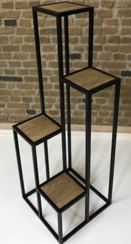 Çiçeklik Zlf 13547 Dekoratif Kule Model Metal Çelik Siyah Statik Boya Ahşap tabla