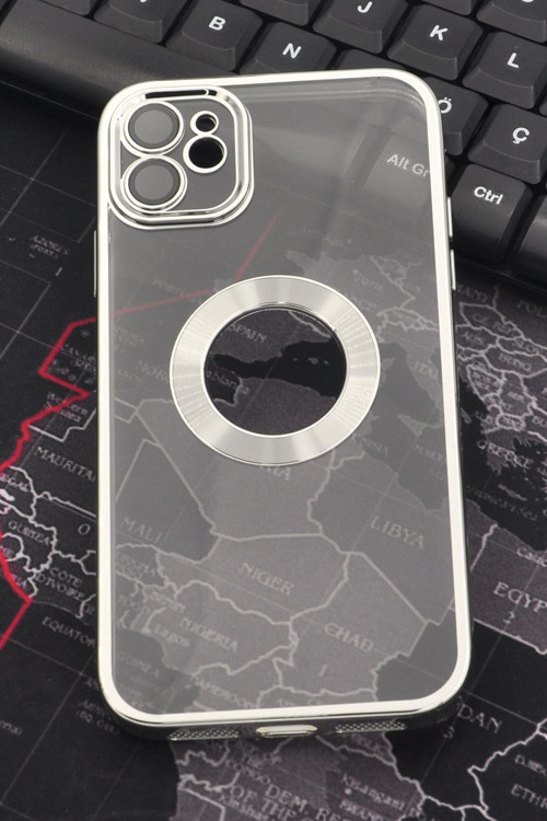 iPhone 11 Uyumlu Gümüş Gri Silver Renkli Kenarlı Lazerli Şeffaf Kılıf Lens Korumalı