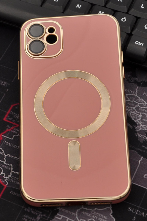 iPhone 11 Uyumlu MagSafe Özellikli Lens Korumalı Lazerli Renkli Kılıf Pudra Pembe