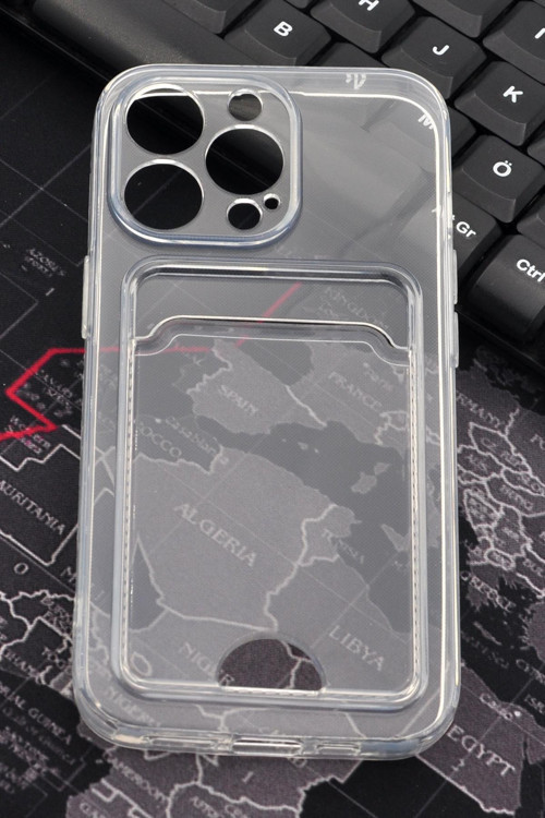 iPhone 13 Pro Uyumlu Kredi Kartlıklı Şeffaf Kılıf Kamera Korumalı