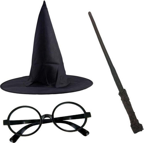 Harry Potter Siyah Şapkası Harry Potter Gözlüğü Harry Potter Asası 3 lü Set