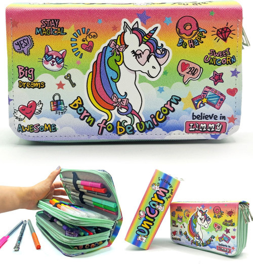 Kalem Kutusu Unicorn Cool Tarz Kawai Organizer Kalemkutu Vegan Deri Üç Bölmeli Kalemlik - Yeşil