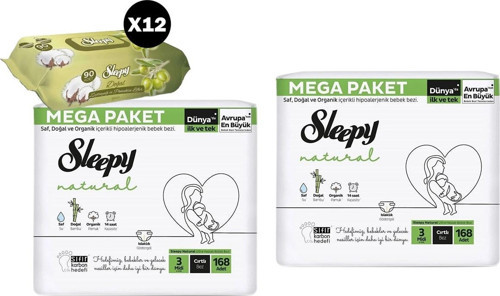Nat. Bebek Bezi 3 Midi 168'li 2 Paket + Zeytinyağlı Islak Havlu 90 Yprk 12 Adet