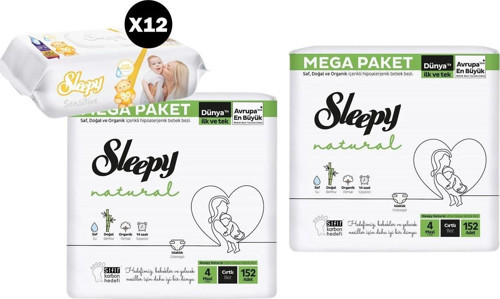 Nat. Bebek Bezi Mega Maxi 4 Numara 152 Adet x 2 Sensitive Islak Havlu 12 Adet