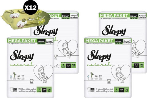 Natural Mega Paket Bebek Bezi 7 Numara XXLarge 76 Adet x 4+ Zeytinyağlı Islak Mendil x 12