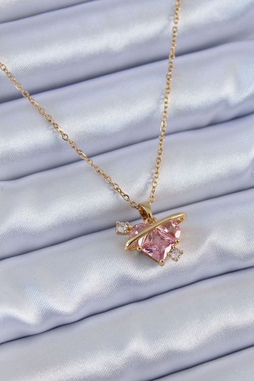 316L Çelik Gold Renk Pembe Kristal Kalp Model Zirkon Taş Detay Kadın Kolye