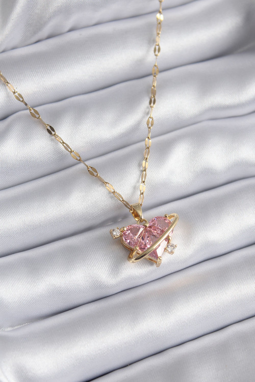 316L Çelik Gold Renk Pembe Zirkon Taşlı Kalp Model Kadın Kolye