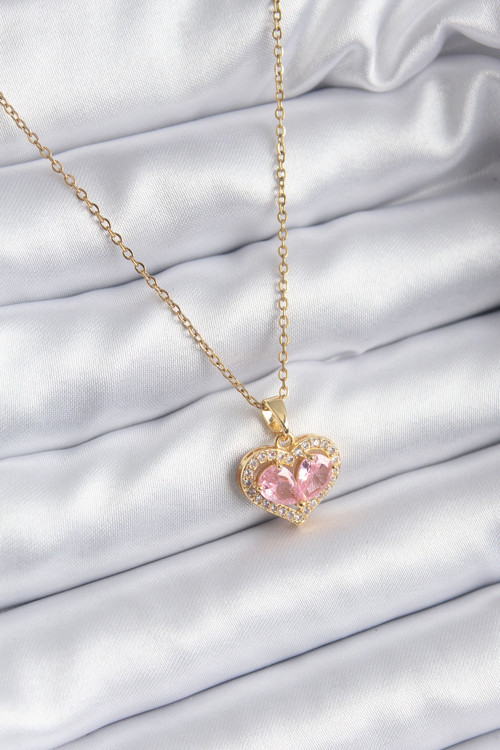 316L Çelik Zincir Gold Renk Pembe Zirkon Taşlı Kalp Model Kadın Kolye
