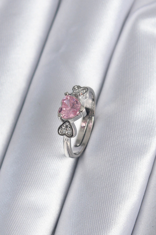 Gümüş Renk Pembe Zirkon Taş Kalp Charm Model Kadın Yüzük