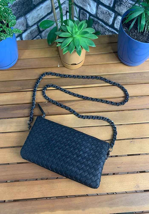 El Örgüsü Küçük Boy Siyah Hakiki Deri Kadın Çantası - GRD2403XW22508