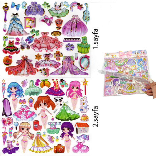 Çantalı Sticker Kabartmalı , İki Sayfalı Sticker Seti, (ZYB-JH9C08) - 20X23 cm - Aynalı Anime Prenses Giydirme Kawai