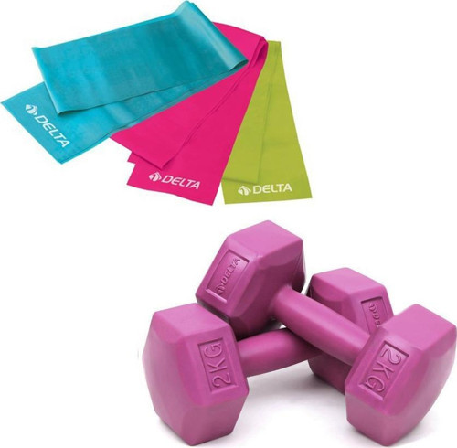 2 Kg x 2 Adet Plastik Dambıl 3'lü Pilates Bandı Fuşya
