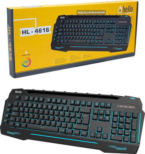 HELLO HL-4616 4 MAKRO TUŞLU 3 RENK IŞIKLI KABLOLU GAMING OYUNCU KLAVYE