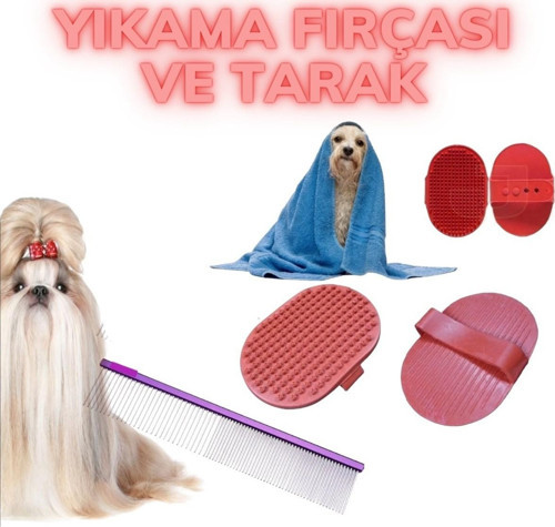 Pratik Plastik Kedi Köpek Temizlik Bakım Yıkama Aleti Fırçası Ve Köpek Tüyü Tarağı Seti