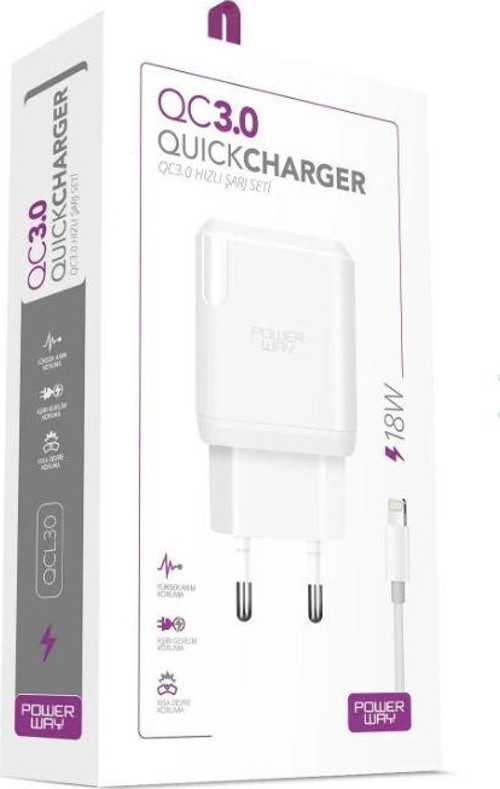 POWERWAY QCL30 HIZLI 3000 MA 18W LIGHTNING ŞARJ KAFA BAŞLIK ADAPTÖRÜ