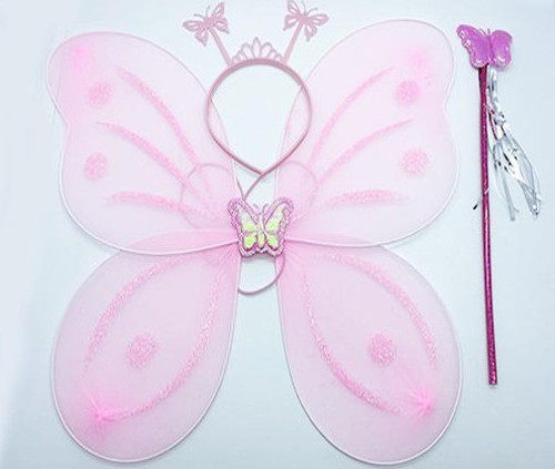 Toz Pembe Renk Kelebek Kanadı Tacı ve Sopası 50x37 cm