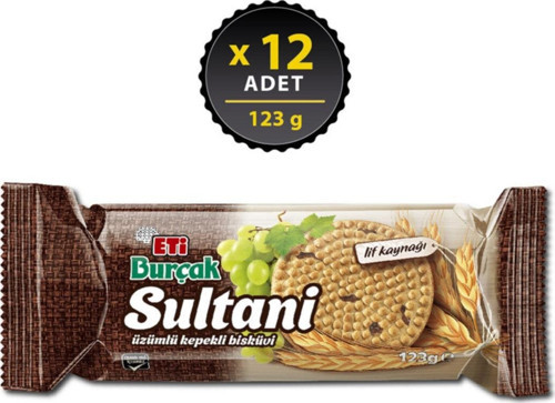 Burçak Sultani Üzümlü Kepekli Bisküvi 123 g x 12 Adet
