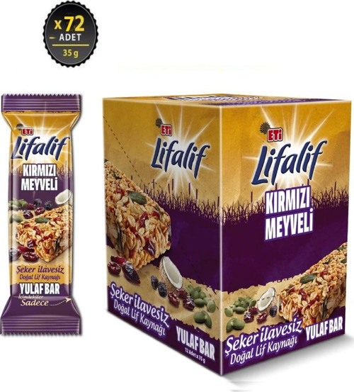 lifalif kırmızı meyveli şeker ilavesiz doğal lif kaynagı sağlıklı atıştırmalık 72 adet 35 gr