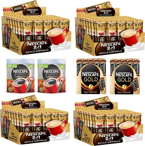 Üçü Bir Arada Sütlü Köpüklü 48 Li Set 4 Paket Stick Kahve Sade, Gold 20'li 4 Paket