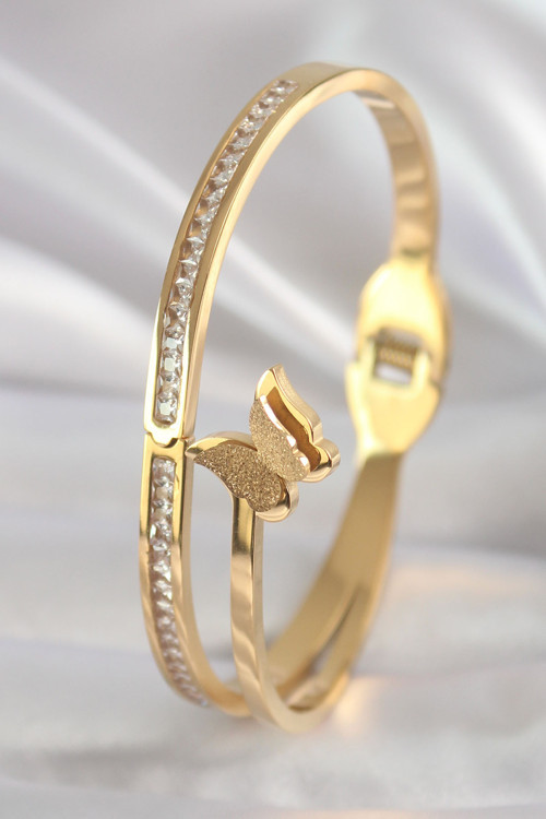 316L Çelik Gold Renk Zirkon Taşlı Simli Kelebek Model Kadın Kelepçe - TJ-BB5907