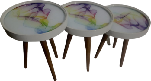 Zigon 19629 Sehpa Çember RENKLİ DALGA Model Kayın Retro Parlk Ceviz 3Ayk Üstü Cam