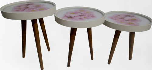 Zigon19628 Sehpa Çember PEMBE KARANFİL Model Kayın Retro Ceviz 3 Ayak Üstü Cam
