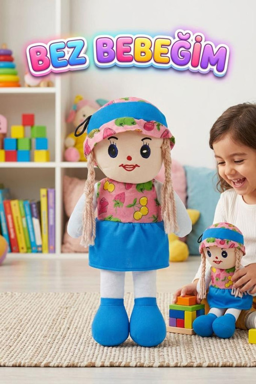 Meyveli Bebeğim! 42cm Meyve Desenli Elbiseli ve Şapkalı Oyun Arkadaşı El Yapımı Oyuncak Bez Bebek MAVİ
