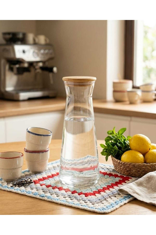 Bambu Kapaklı Cam Karaf Sürahi 1,2 Lt