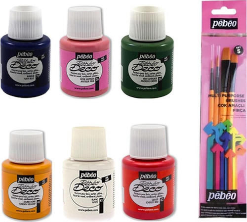 Deco Likit Akrilik Boya 110ML Şişe 6'L1 Set 2 + Fırça Set 5